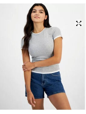 Women's Casual Hippie Rose Gray Ribbed Short Sleeve Tee with White Trim Large
